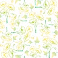 Vector Green and Yellow Flower on White Back seamless background Wallpaper Poster Line Drawing