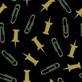 Vector Green and Yellow Tacks and Paper Clips on Black Background Seamless Repeat Pattern. Background for textiles Royalty Free Stock Photo