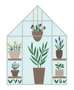 Vector greenhouse with plants in pots and flowers. Flat hot house illustration isolated on white background. Front view greenroom