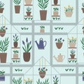 Vector greenhouse seamless pattern with plants in pots and flowers. Flat hot house repeat background. Front view greenroom texture