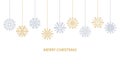 Vector greeting banner with hanging snowflake icons. Gold and silver symbols. Merry Christmas text. Editable stroke. Christmas and Royalty Free Stock Photo
