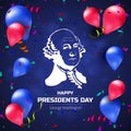 Vector greeting card or banner with George Washington silhouette and balloons to Happy Presidents Day - National american holiday