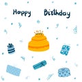 Vector greeting card with birthday cake with candles, blue gift boxes and hand drawn lettering. Happy Birthday cartoon