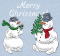 Vector greeting card with couple cheerful christmas snowmen