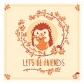 Vector greeting card with cute hedgehog and apple. Invitation design.