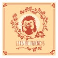 Vector greeting card with cute hedgehog and apple. Invitation design.