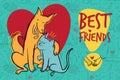 Vector greeting card with dog and cat in love, best friends