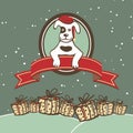 Vector greeting card with a dog in Santa hats, banners and ribbons of red Christmas gifts in the snow. Royalty Free Stock Photo