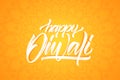 Vector greeting card with Handwritten brush textured type lettering of Happy Diwali on orange indian background.