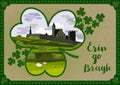 Greeting card. Irish landscape with Cashel Castle, clover leaves and lettering quote