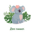 Vector greeting card with koala. Cute gray bear in the leaves and the inscription Love Summer. A funny animal from the