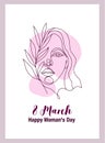 Vector greeting card 8 march happy womens day. Poster with line art porter of a girl with a branch, a beautiful woman with a Royalty Free Stock Photo