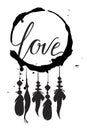 Vector greeting card. Monochrome dream catcher with feathers and inscription LOVE on a white background. Universal love postal. Royalty Free Stock Photo