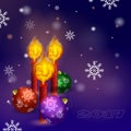 Vector greeting card for New Year. Three candles with the flame in the form of fiery rooster and three Christmas ball on a