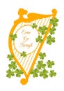 Greeting card with harp silhouette and clover leaves. Royalty Free Stock Photo