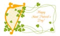 Greeting card with orange harp and clover leaves.
