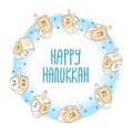 Vector greeting card with outline Hanukkah or Hanuka dreidel or sevivon with Hebrew alphabet in blue and beige isolated on white. Royalty Free Stock Photo