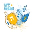 Vector greeting card with outline Hanukkah or Hanuka dreidel or sevivon with Hebrew alphabet in blue and beige isolated on white. Royalty Free Stock Photo