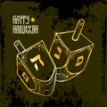 Vector greeting card with outline Hanukkah or Hanuka dreidel or sevivon with Hebrew alphabet in golden colored on the black. Royalty Free Stock Photo