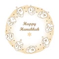 Vector greeting card with outline Hanukkah or Hanuka dreidel or sevivon with Hebrew alphabet in pastel beige isolated on white.