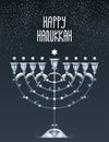 Vector greeting card with outline silver Hanukkah menorah or Chanukiah candelabrum and stars of David on the black background.