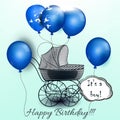 Vector greeting card with red balloons and baby carriage. Royalty Free Stock Photo