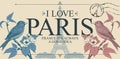 Retro Postcard With Birds And Words I Love Paris