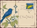 Retro Postcard With A Bird On A Flowering Tree