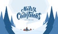 Vector greeting card. Snowy landscape background with hand lettering of Merry Christmas and cartoon houses Royalty Free Stock Photo