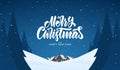 Vector greeting card. Snowy landscape background with hand lettering of Merry Christmas, night village and pines. Royalty Free Stock Photo