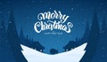 Vector greeting card. Snowy landscape background with hand lettering of Merry Christmas, Santa Claus and night village. Royalty Free Stock Photo