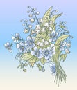 Vector greeting card with spring delicate bouquet of lilies of the valley and violets