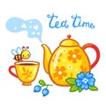 Vector greeting card with teapot and tea time inscription. Illustration of a tea set and a bee Royalty Free Stock Photo