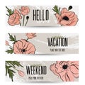 Vector greeting card. Tender summer poppy mock up. Botanical banner with pastel bloom flowers. Natural stationer