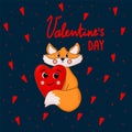 Vector Greeting card for Valentine's Day. A poster with lettering and a cute animal. Hearts, forest animal, cute fox