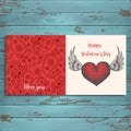 Vector greeting card on wooden background. Happy Valentines Day. Hand-drawn heart with wings. Sketch engraving hatching