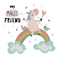 Vector greeting cards with cute unicorn, rainbow, funny font.