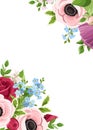Greeting or invitation card with red, pink, purple and blue flowers. Vector illustration. Royalty Free Stock Photo