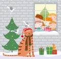 Vector greeting new years card with cute cartoon tiger sitting near fir tree with gift boxes and looking at window on cheerful Royalty Free Stock Photo