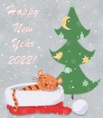 Vector greeting new years card with cute cartoon tiger sleeping in Santa Claus hat with sweet dreams near fir tree on snowy