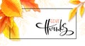 Vector greeting thanksgiving banner with hand lettering label - give thanks - with bright autumn leaves and doodle
