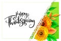 Vector greeting thanksgiving banner with hand lettering label - happy thanksgiving - with autumn leaves and gerbera