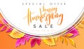 Vector greeting thanksgiving promoution banner with hand lettering label - happy thanksgiving - with bright autumn