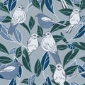 Vector grey blue green birds leaf seamless background pattern.