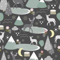 Vector grey seamless pattern background with mountains, deer, lake and trees.