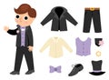 Vector groom clothes set. Cute just married boy with suit, accessory. Royalty Free Stock Photo