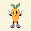 Vector groovy carrot character in trendy 70s style. Funky retro vegetable. Vector illustration
