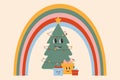 Vector Groovy hippie Christmas. Rainbow, Christmas tree, gift boxes in trendy retro cartoon style
