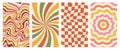 Vector groovy poster set. Chessboard and twisted backgrounds in trendy retro 70s style. Twisted and distorted patterns