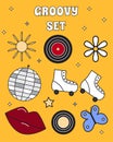 Vector groovy retro 79s set icons. Collection hippie elements in vintage style. Lips, disco ball, vinyl record, daisy Royalty Free Stock Photo